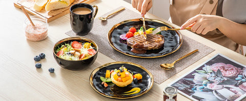 LOVECASA 16/32 Piece Black Porcelain Dinnerware Set with Gold Trim Dessert Plate,Dinner Plate,Cup,Bowl Tableware Set