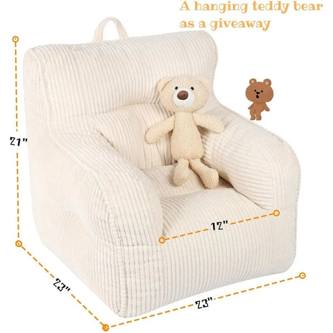 Kids Bean Bag Chair with a Plush Bear, Comfy Toddler Chair for Boys and Girls, Beige kids couch