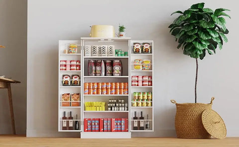 50" LED Kitchen Pantry Storage Cabinets - Standing Food Cabinets Cupboards with 2 Doors with Racks and Shelves Adjustable