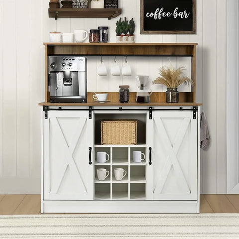 4ever2buy Farmhouse Coffee Bar Cabinet with 6 Hooks, White Coffee Bar with Storage, Kitchen Buffet Cabinet with Adjustable Shelv