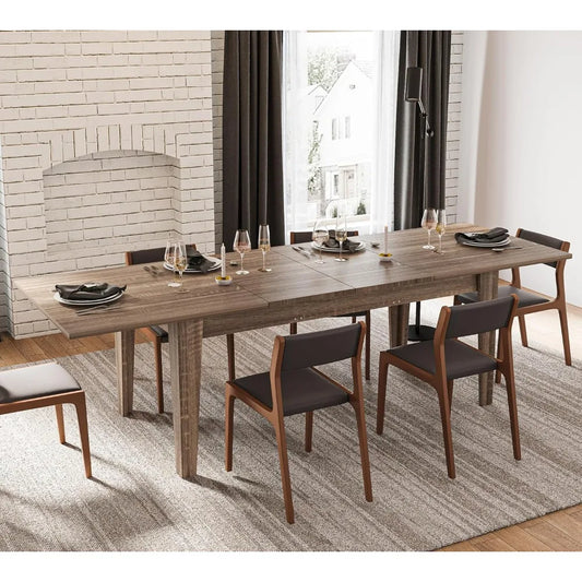 Rustic Wood Extendable Dining Room Table 71"-106" Rectangular Expandable Dining Tables 6 8 10 12 People Industrial Transformer