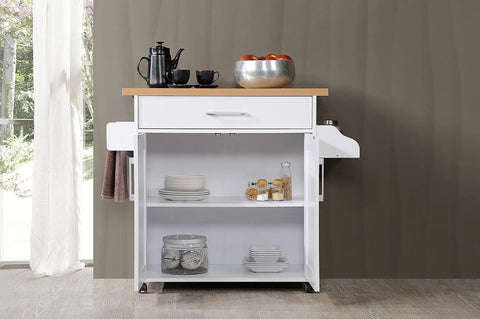 Kitchen Island with Spice Rack, Towel Rack & Drawer, White with Beech Top, 15.5 x 35.5-44.9 x 35.2 inches