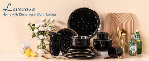 LOVECASA 16/32 Piece Black Porcelain Dinnerware Set with Gold Trim Dessert Plate,Dinner Plate,Cup,Bowl Tableware Set