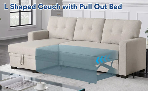 L Shaped Chaise Couch with Storage and Pull Out Bed Multifunctional Comfy Sectional Sleeper Sofa, Beige