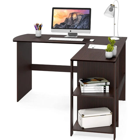 L-shaped home office, wooden corner desk, black computer desk