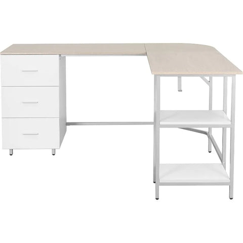 L Shaped Desk - Two-Toned Computer Desk with Drawers & Storage Shelves - Simple Modern Furniture & Home Office Space Corner Tabl