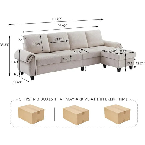 112" Sectional Sofa, 4-seat L-shaped couch, reversible ottoman, wooden legs, modern polyester upholstery, beige, for LR/apt