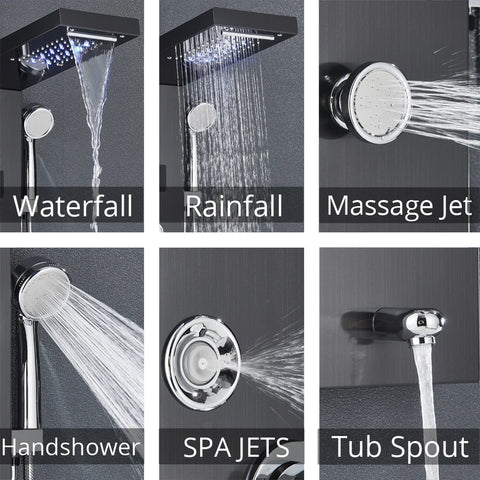 Black/Brushed Bathroom Shower Faucet Set LED Rainfall Shower Panel System Bathtub Water Mixer Tap Massage SPA Temperature Screen