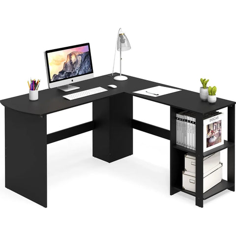 L-shaped home office, wooden corner desk, black computer desk