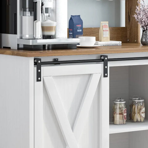 4ever2buy Farmhouse Coffee Bar Cabinet with 6 Hooks, White Coffee Bar with Storage, Kitchen Buffet Cabinet with Adjustable Shelv