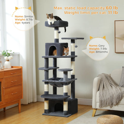 H184CM Large Cat Tower with Sisal Scratching Posts Spacious Condo Perch Stable for Kitten Multi-Level Tower Indoor Cozy Hummocks