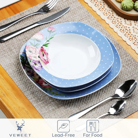 Porcelain Dinnerware Sets for 6, White Dish Set with Pink Floral, 30 PCS Dinner Sets Including Plates