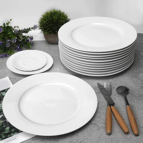 12-Piece White Porcelain Dinner Plates, Round Dessert or Salad Plate, Serving Dishes, Dinnerware Sets, Scratch Resistant