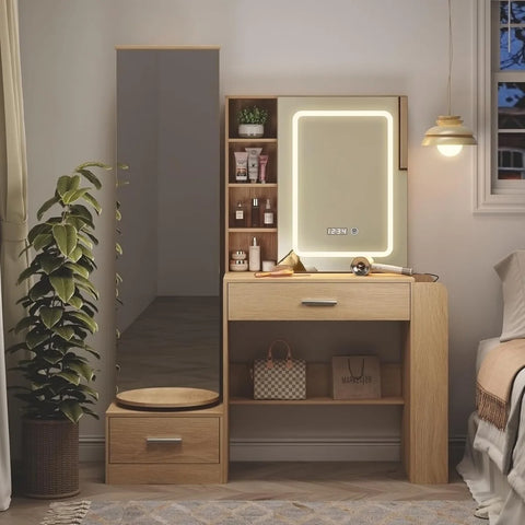 Natural Makeup Vanity Desk with Full Length Mirror and LED Lights Mirror Bedroom Dressing Vanity Table with 3 Lighting Modes