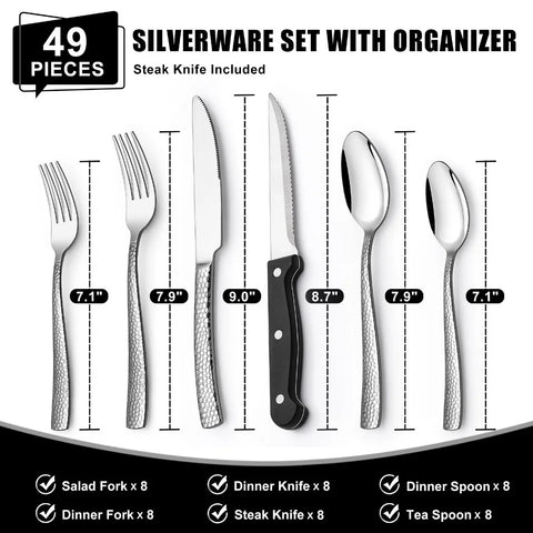 49-Piece Silverware Set with Organizer, Heavy Duty Stainless Steel Flatware Set for 8, Cutlery Utensil Sets, Dishwasher Safe