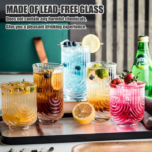 8 Pieces 14/12OZ Art Deco Cocktail Glass Highball Ribbed Glass Drinking Glass Set Unique Glassware Beverage Iced Coffee Cup Set