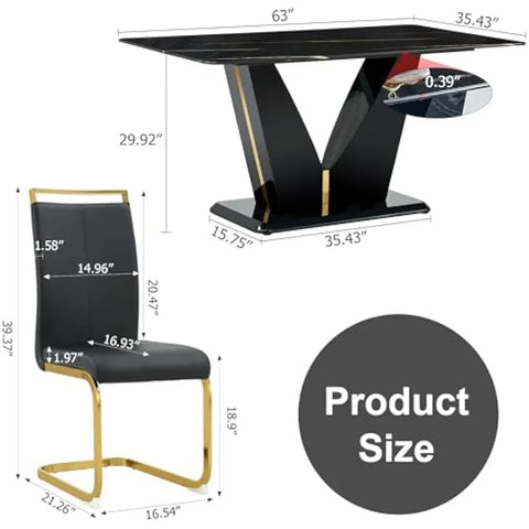 7 Pieces Modern Black Dining Table Set 63" Marble Table Chair Set of 6 PU Leather Chairs Rectangle Dining Room Table Set