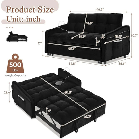 3 in 1 Sleeper Sofa Couch Bed with USB & Type C Port, 52" Small Modern Convertible Tufted Velvet Loveseat Sofa w/Pull Out Bed