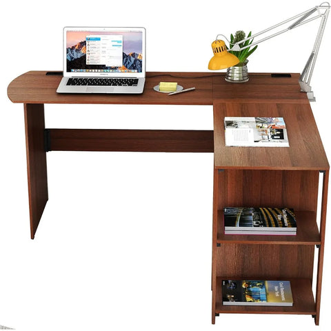 L-shaped home office, wooden corner desk, black computer desk