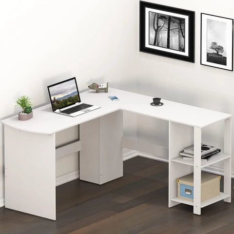 L-shaped home office, wooden corner desk, black computer desk