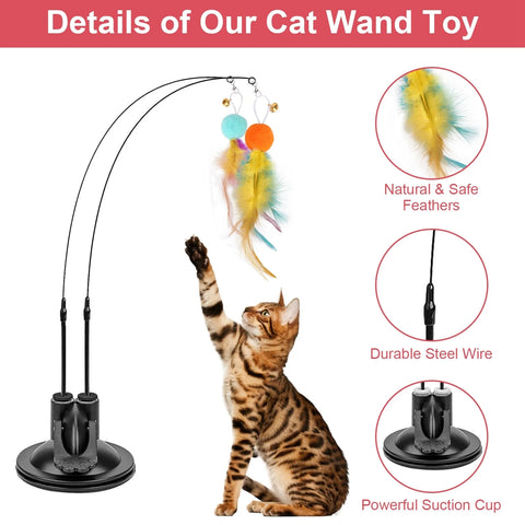 2 Cat Wand Toys with Suction Cup Double Head Interactive Cat Feather Toy 9Pcs Teaser Replacements with Bell Cats Self Playing Ha