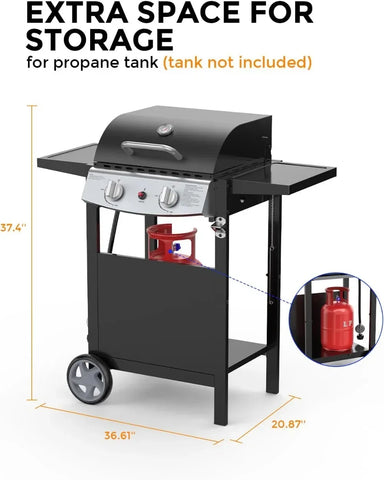 2 Burner BBQ Propane Gas Grill, Stainless Steel 20000 BTU, Equipped with 2 Sides Storage Shelves and 2 Wheels for Easy Mobility