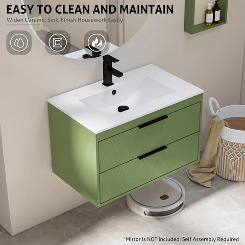 30" Bathroom Vanities Cabinet with Sink Combo, W/Decor Line, Soft-Close System, 2 Extra Big Drawers, Matte Black Faucet