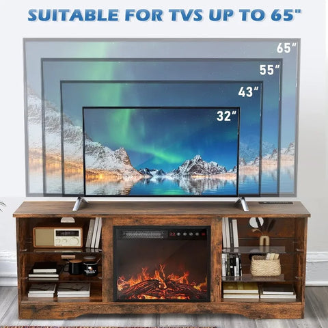 Fireplace TV Stand with 18''Fireplace, Modern Entertainment Center for TVs up to 65 inch, Media TV Console with Adjustable Glass