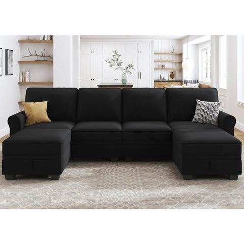 Sectional Sofa with Storage Seat Velvet U Shaped Sectional Couch with Chaise Convertible Sectional Couches for Living Room