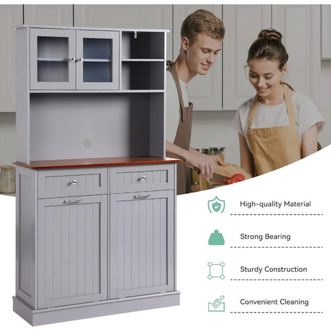 Kitchen Pantry Storage Cabinet, Microwave Cabinet with Tilt Out Trash Cabinet, Freestanding Kitchen Hutch,Tall Pantry Cabinet