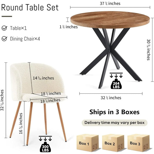 Dining Table set, MDF Table-top, Fuzzy Sherpa Armchairs with Wood Grain Metal Leg for Kitchen, Reception Room, Dining Table set