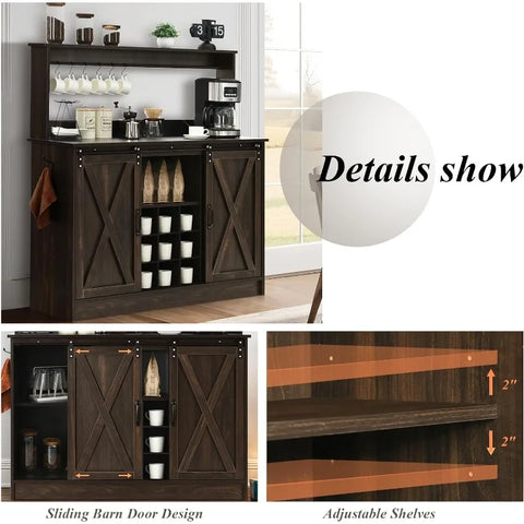 4ever2buy Farmhouse Coffee Bar Cabinet with 6 Hooks, White Coffee Bar with Storage, Kitchen Buffet Cabinet with Adjustable Shelv