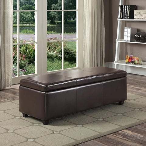 Avalon 48 Inch Wide Contemporary Rectangle Storage Ottoman Bench in Tanners Brown Vegan Faux Leather, For the Living Room