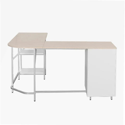 L Shaped Desk - Two-Toned Computer Desk with Drawers & Storage Shelves - Simple Modern Furniture & Home Office Space Corner Tabl