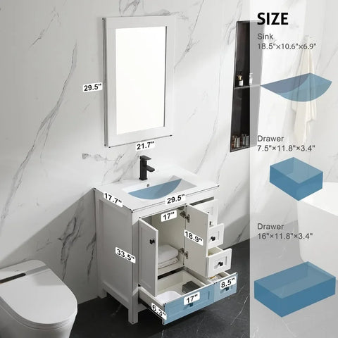 30" Bathroom Vanities Cabinet with Sink Combo Set, Undermount Ceramic Sink w/Thickened Wood, Matte Black Faucet