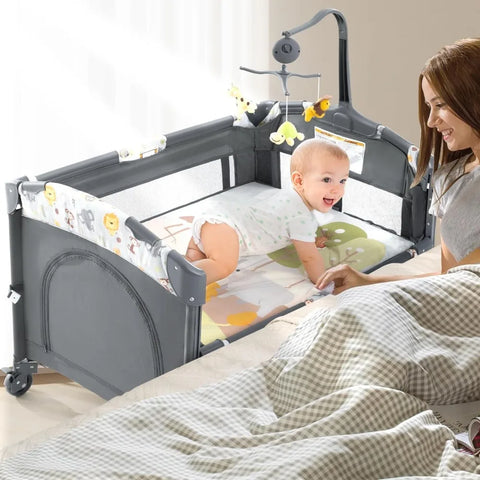 5 in 1 Baby Crib, Bedside Cribs, Pack and Play with Bassinet and Changing Table, Portable Travel Baby Playpen with Toys & Music