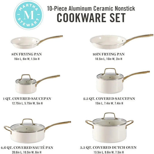 Martha Stewart Lockton Premium Nonstick PFA Free Ceramic Interior 10 Piece Heavy Gauge Enamel Aluminum Pot and Pan Cookware Set