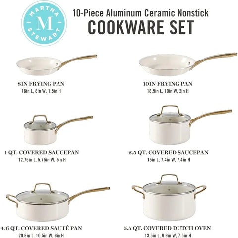 Martha Stewart Lockton Premium Nonstick PFA Free Ceramic Interior 10 Piece Heavy Gauge Enamel Aluminum Pot and Pan Cookware Set