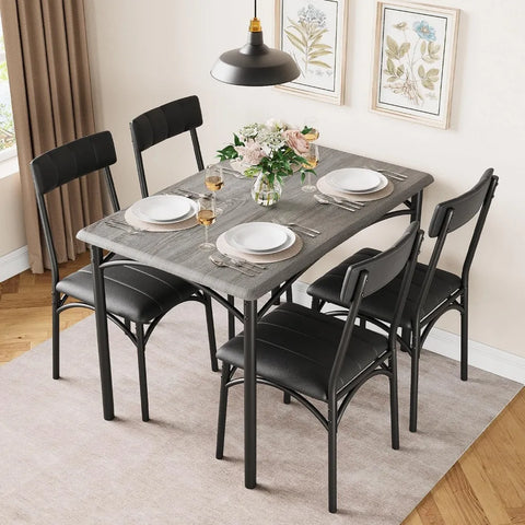 Kitchen Table and Chairs for 4, Dining Table Set for 4 with Upholstered Chairs 5 Piece Rectangular Kitchen Table Set Rustic Grey