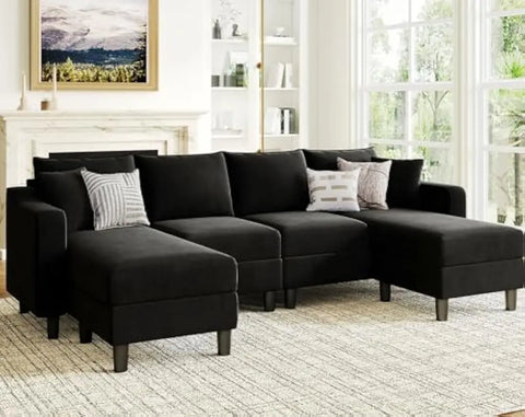 U Shaped Sectional Sofa Velvet Convertible Sofa with Reversible Chaises Sectional Couches with Ottomans for Living Room (Black)