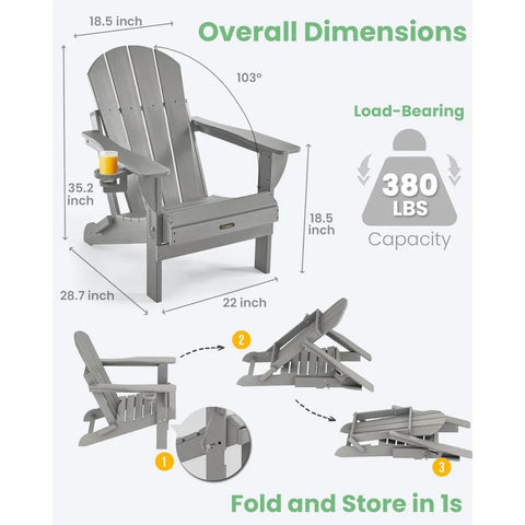 Folding Adirondack Chair Wood Texture, Patio Chair Weather Resistant, Plastic Fire Pit Chair with Cup Holder, for Lawn Outdoor