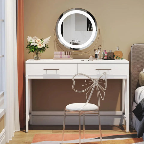 Modern White 41 Inches Computer Desk with 2 Drawers Home Office Bedroom Table Study Writing Desk Metal Frame