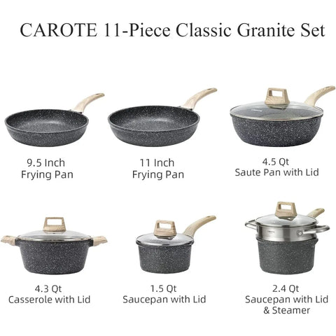 Carote Nonstick Granite Cookware Sets 10 Pcs Stone ,non stick frying pan set, pots pans set (Granite, induction cookware)