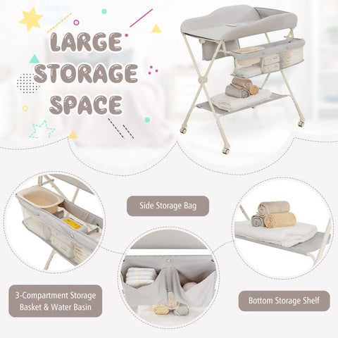 Babyjoy Baby Diaper Changing Table Folding Newborn Nursery Organizer W/Wheel Water Basin