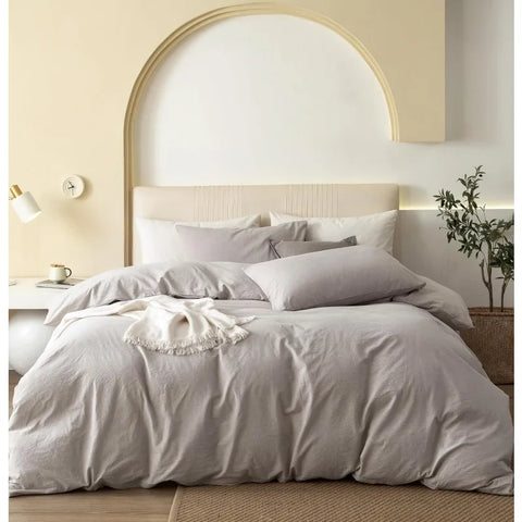 100% Washed Cotton Duvet Cover Set Comfy Simple Style Soft Breathable Textured Durable Linen Feel Bedding