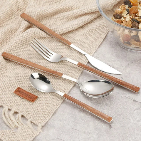 4Pcs 304 Stainless Steel Dinnerware Sets Glossy Silver Wooden Tableware Western Food Knife Fork Teaspoon Cutleries