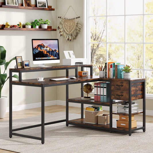 Tribesigns Reversible L Shaped Desk with Drawer, Industrial Corner Desk Home Office Table with Shelves and Monitor Stand