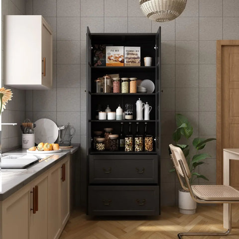 Pantry Cabinet Kitchen Storage Cabinet with 2-4 Drawers & Glass Doors, Kitchen Pantry with Adjustable Shelves