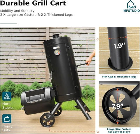 Extra Large Vertical Offset Smoker, Heavy-Duty Vertical Charcoal Smoker Grill BBQ Gill with Offset Smoker Box, 961 SQ.IN