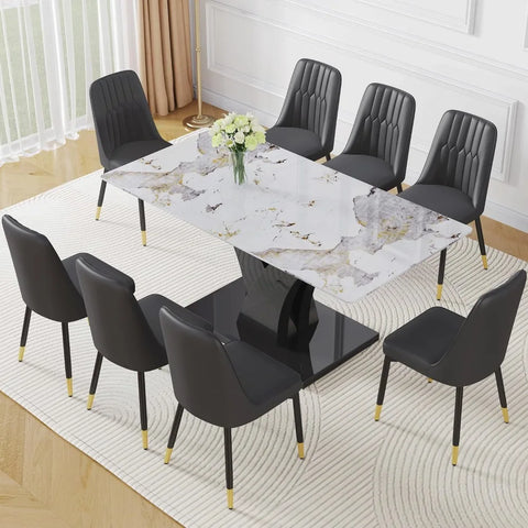 Modern Dining Room Table Set for 6, Faux Marble Kitchen Table and 6 PU Leather Chairs, 67” Rectangular Tempered Glass Table Set